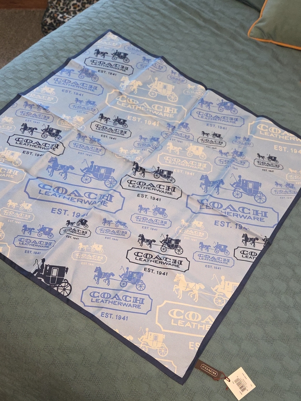COACH Light Blue and Navy Logo Carriage Silk Scarf NWT